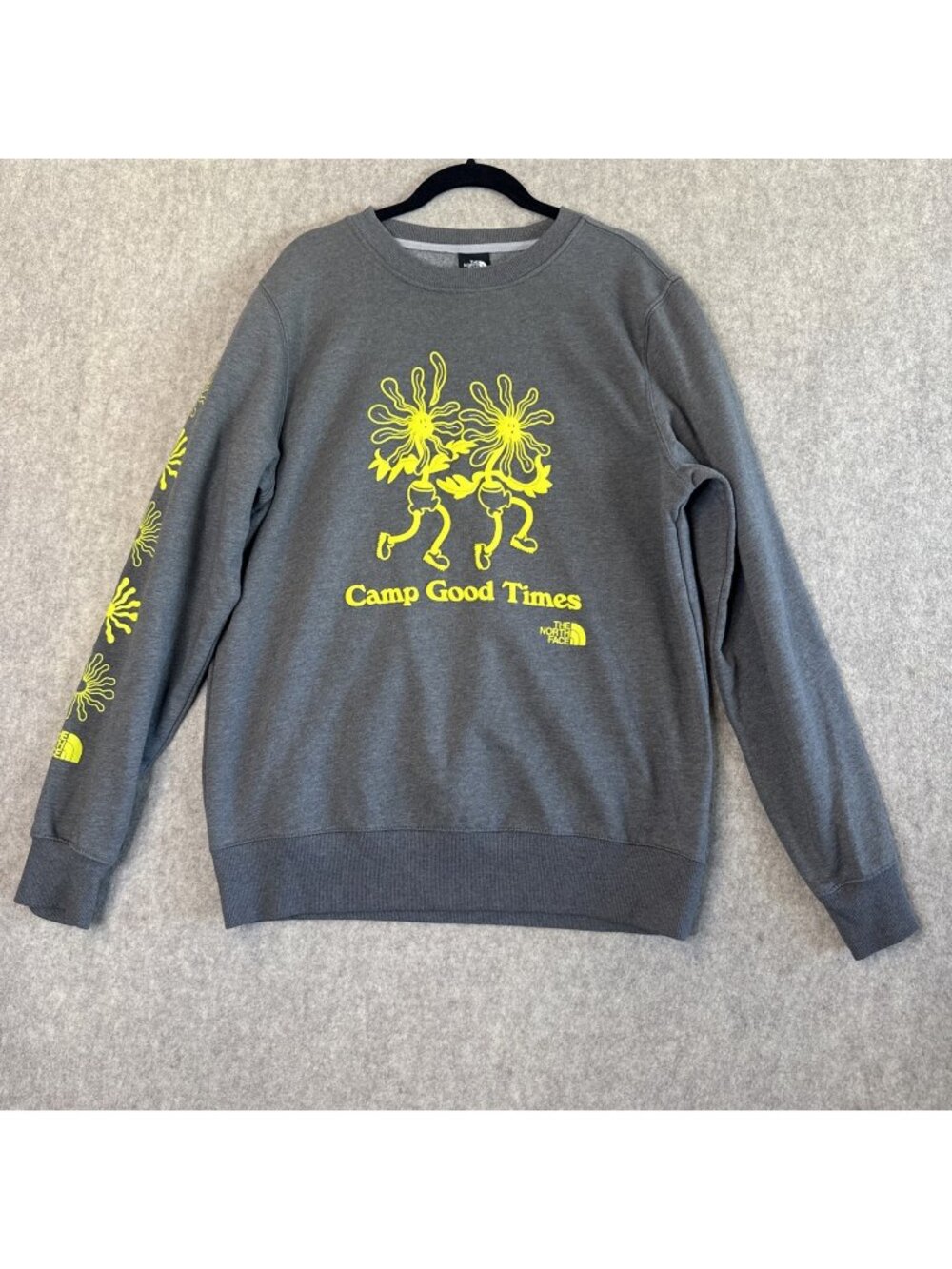 The North Face Camp Good Times Crewneck Sweatshirt Mens M Gray Neon Graphic